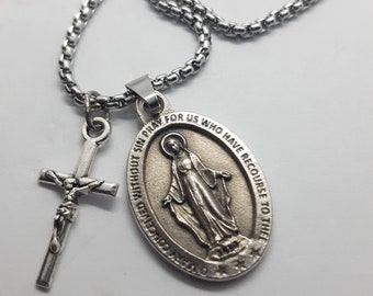 Miraculous Medal necklace. Stainless steel box chain with saint medal and crucifix.