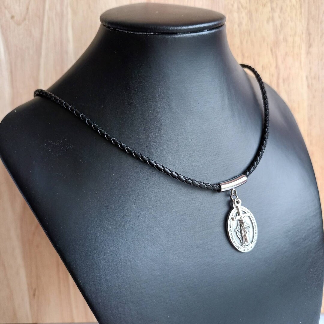 Miraculous Medal | Thin, Braided Leather Necklace With Saint Medal and ...