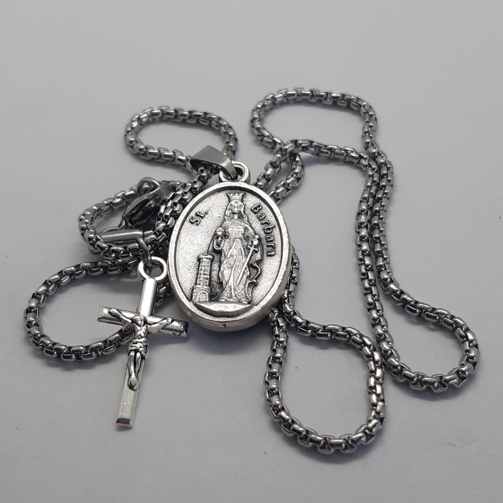 St Barbara Necklace. Stainless Steel Box Chain With Saint Medal and ...