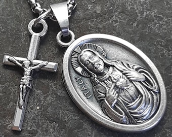 Sacred Heart of Jesus necklace. Stainless steel box chain with saint medal and crucifix.