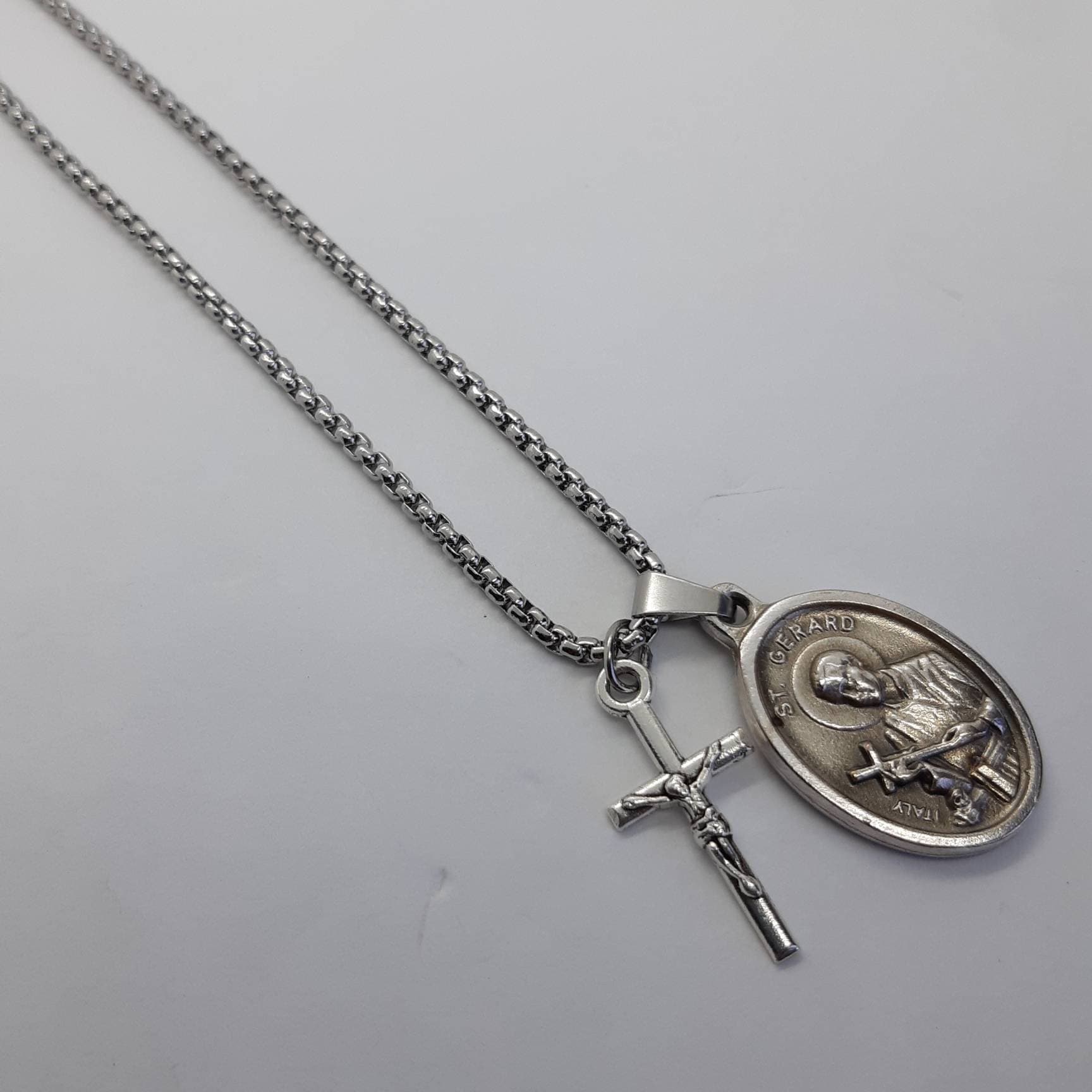 St Gerard Majella Necklace. Saint Medal and Crucifix on Stainless Steel ...