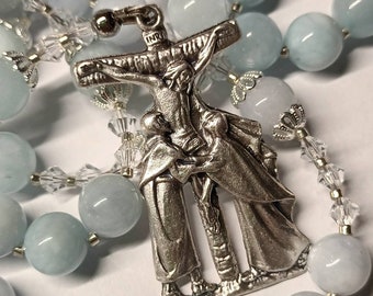 Handmade rosary with Crucifix of Consolation, aquamarine. Choice of centrepiece