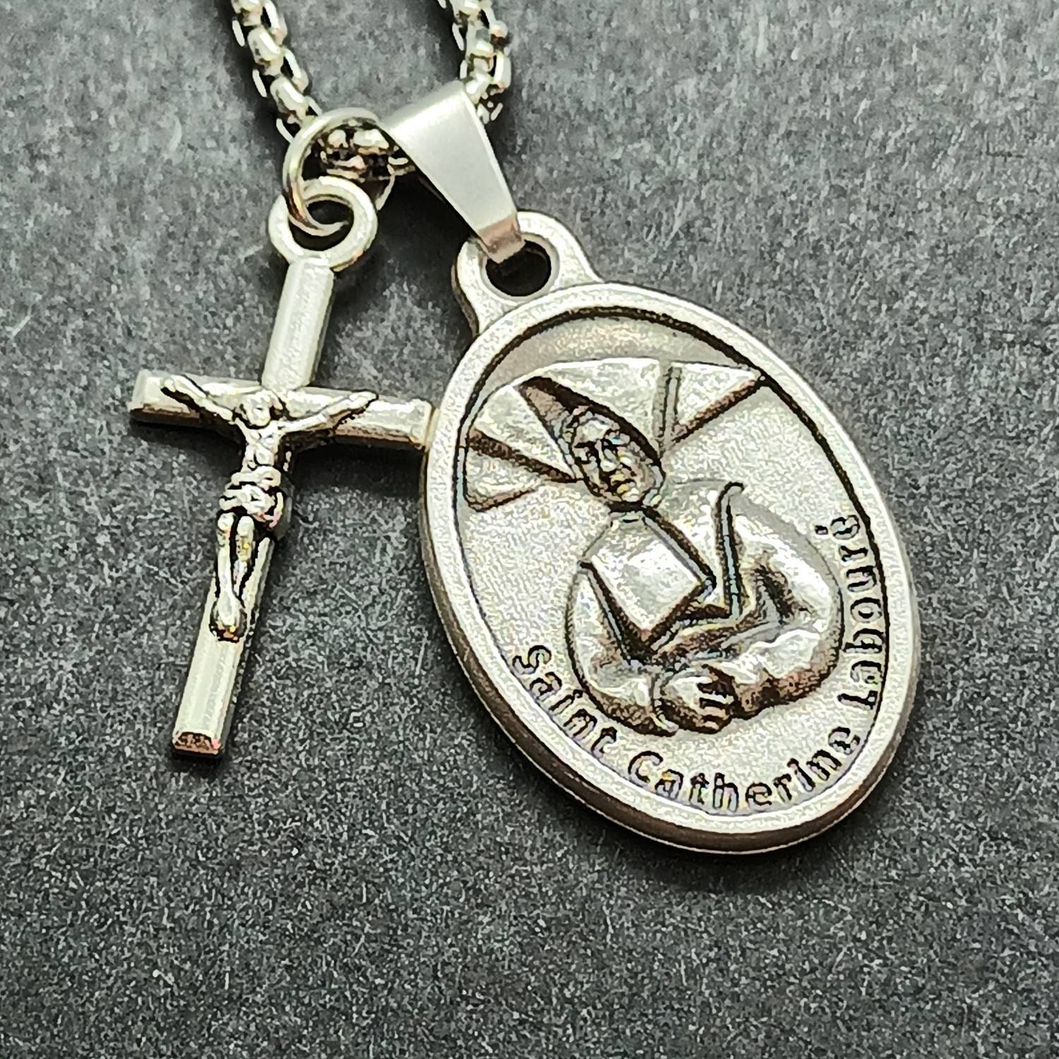St Catherine Laboure. Stainless steel box chain with saint medal and crucifix.