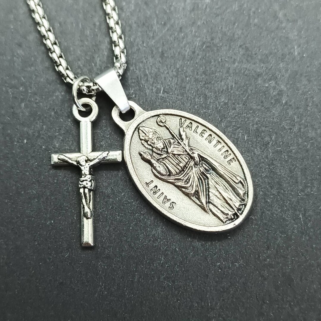 St Valentine Necklace. Stainless Steel Box Chain With Saint Medal and