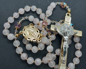 Handmade rose quartz rosary beads Gold toned Miraculous Medal and large St Benedict crucifix.