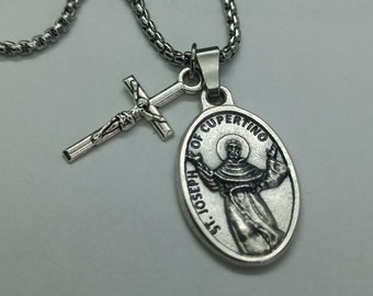 St Joseph of Cupertino necklace with crucifix and silver oxide medal.