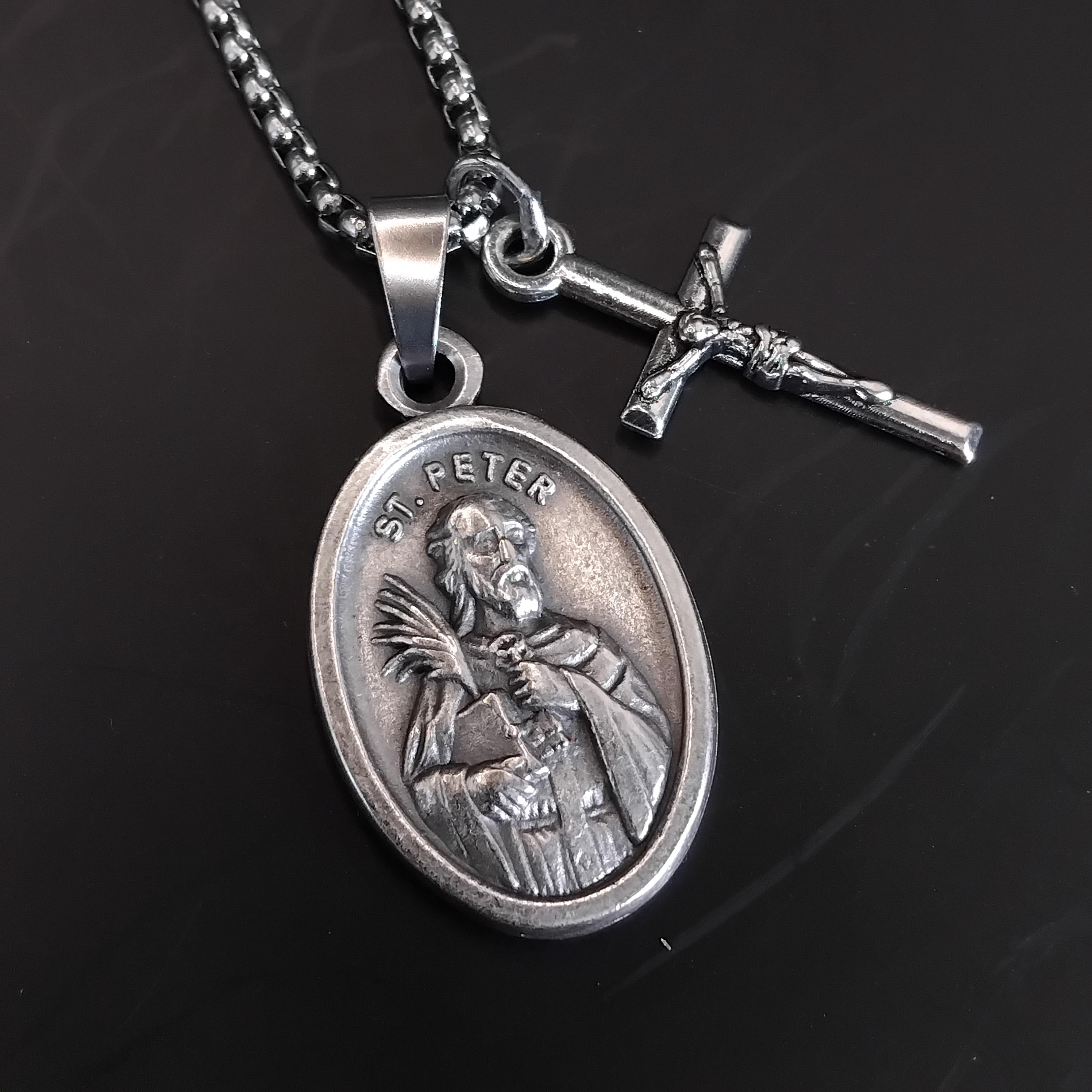 アクセサリー Saint Peter 925 Silver Necklace St Peter Necklace. Stainless Steel Box Chain With Saint Medal and