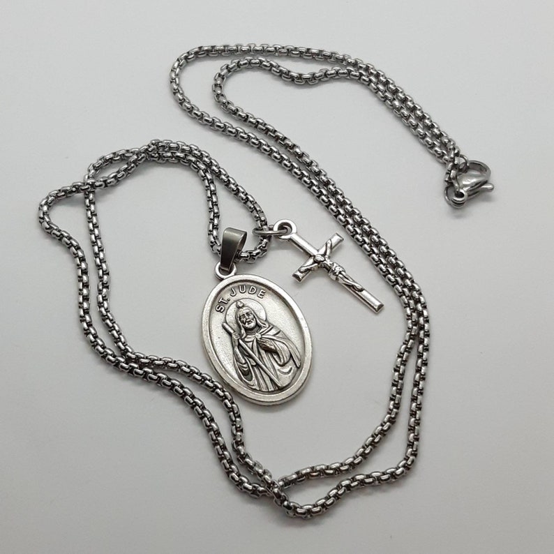 St Jude Necklace. Silver Oxide Saint Medal and Crucifix on Steel Chain ...