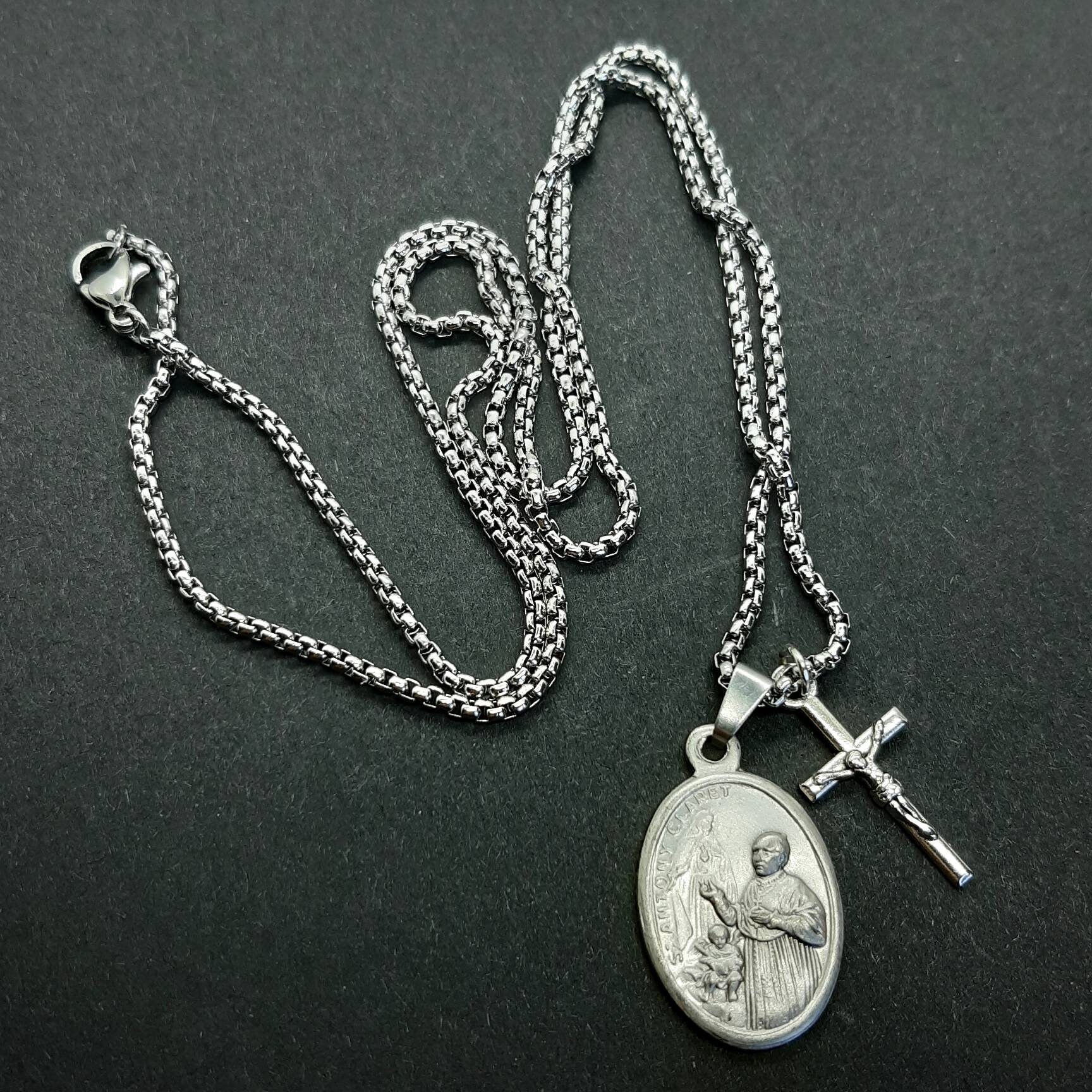 St Antony Claret Necklace: Silver Oxide Medal, Stainless Steel Chain - Etsy