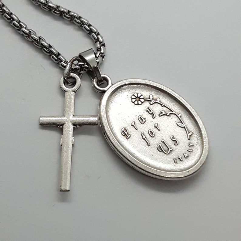 St Jude Necklace. Silver Oxide Saint Medal and Crucifix on Steel Chain ...