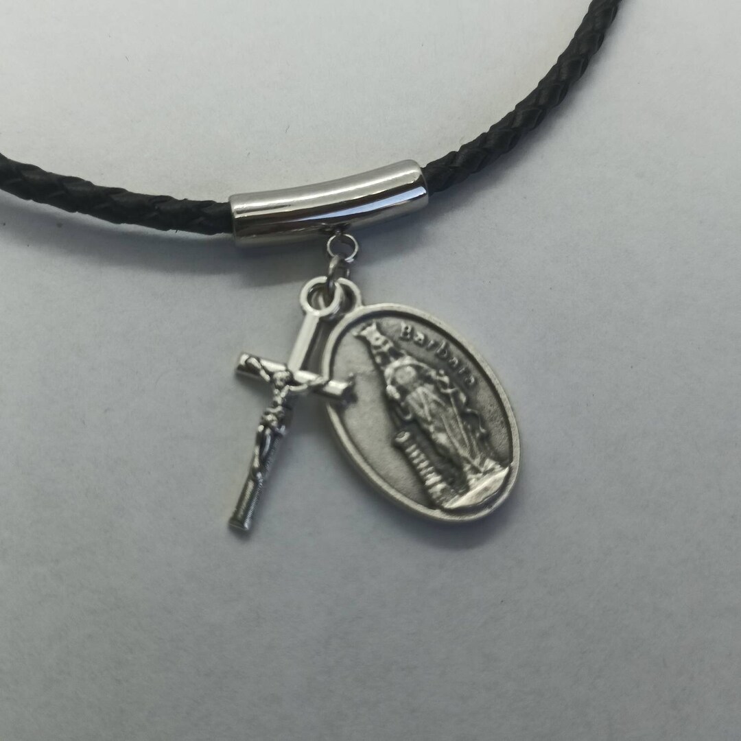 St Barbara Medal | Thin, Braided Leather Necklace With Saint Medal and ...