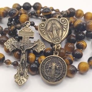 Tiger's Eye Rosary: triple threat  Bronze Pardon Crucifix, St Benedict and Miraculous Medals