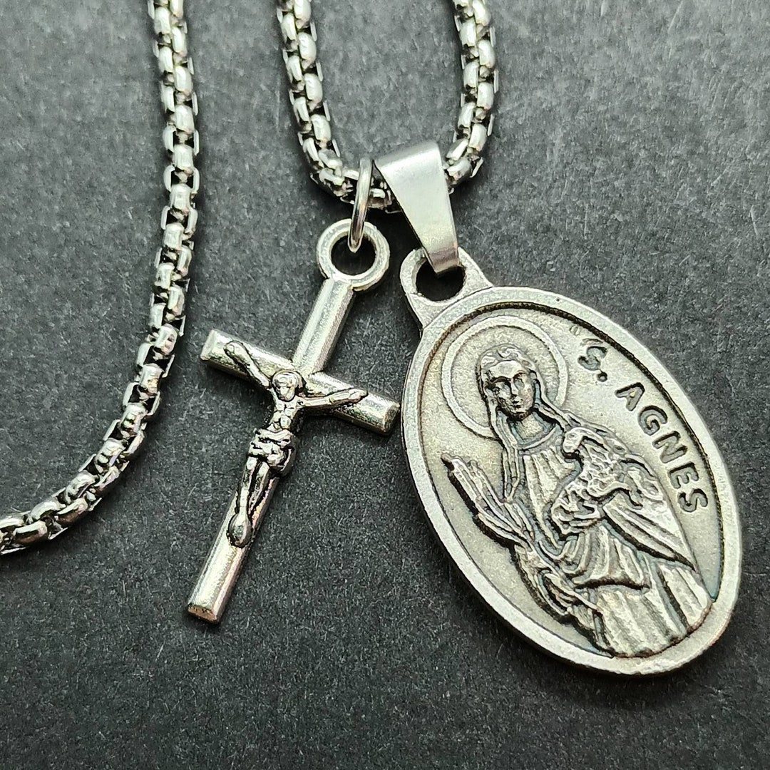 St Agnes Necklace. Stainless Steel Box Chain With Saint Medal and ...