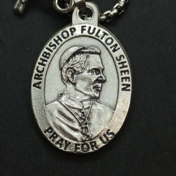 Archbishop Fulton Sheen. Stainless steel box chain with saint medal and crucifix.