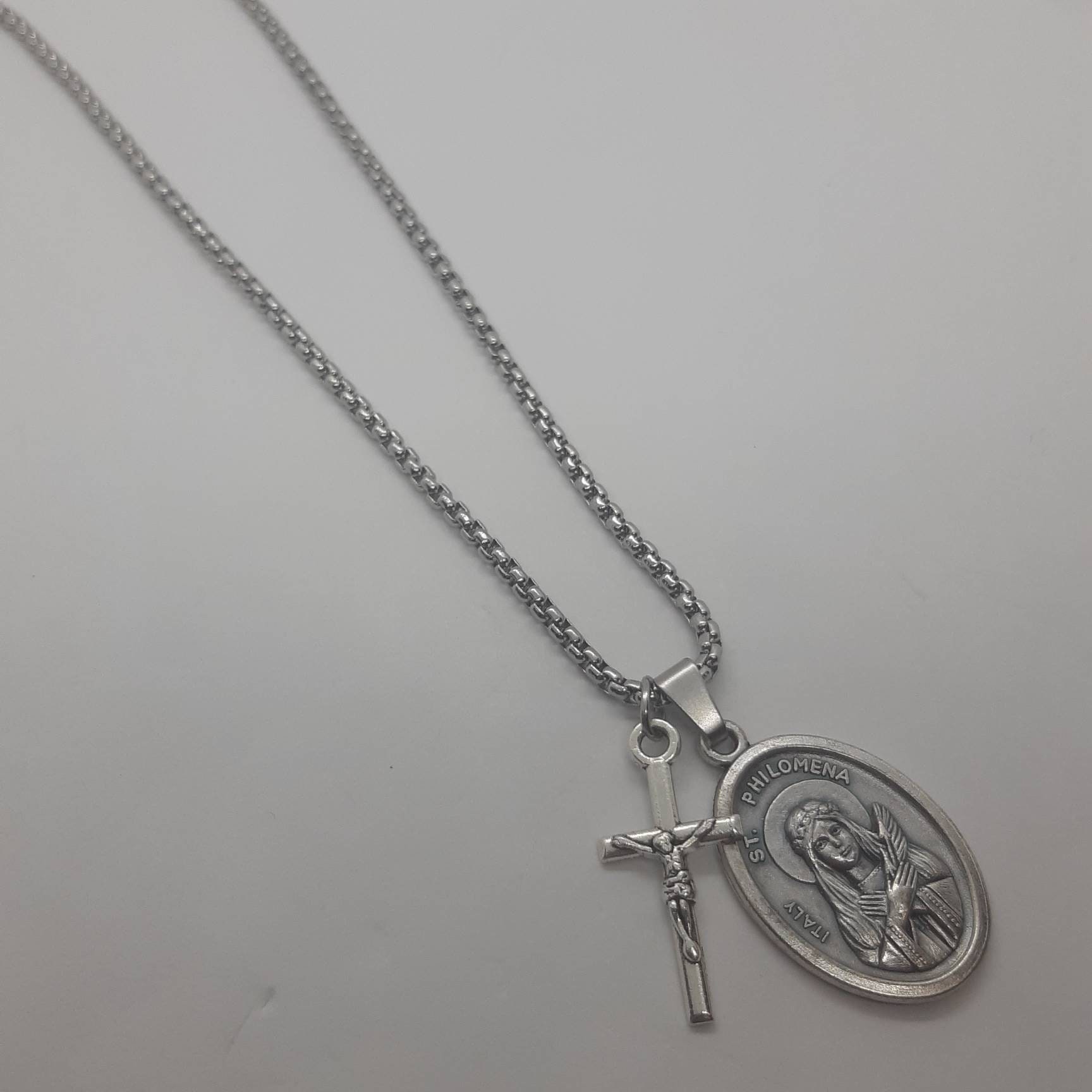 St Philomena Necklace. Stainless Steel Box Chain With Saint Medal and ...