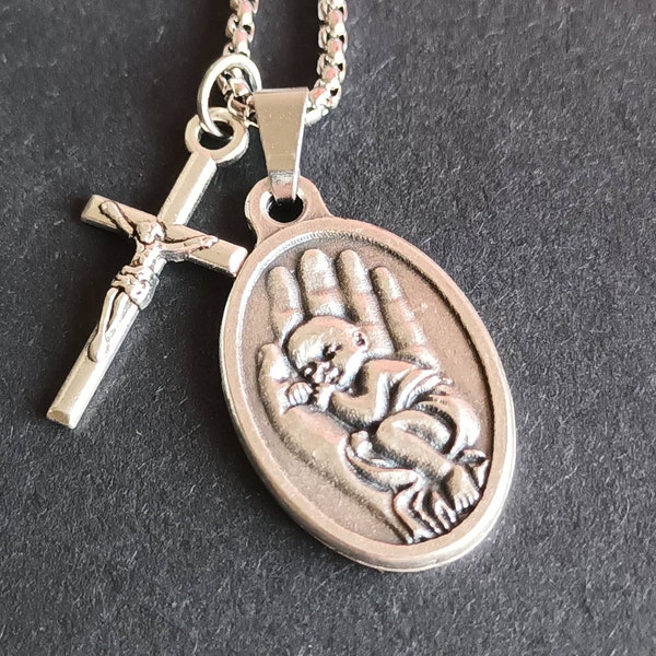 Choose Life medal.  Stainless steel box chain with silver oxide medal and crucifix.