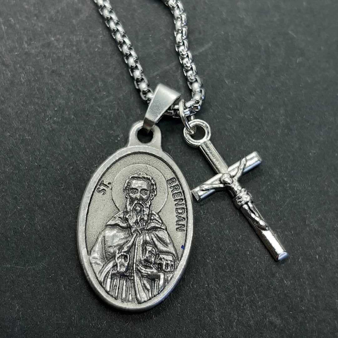 St Brendan | Stainless Steel Box Chain With Saint Medal and Crucifix ...