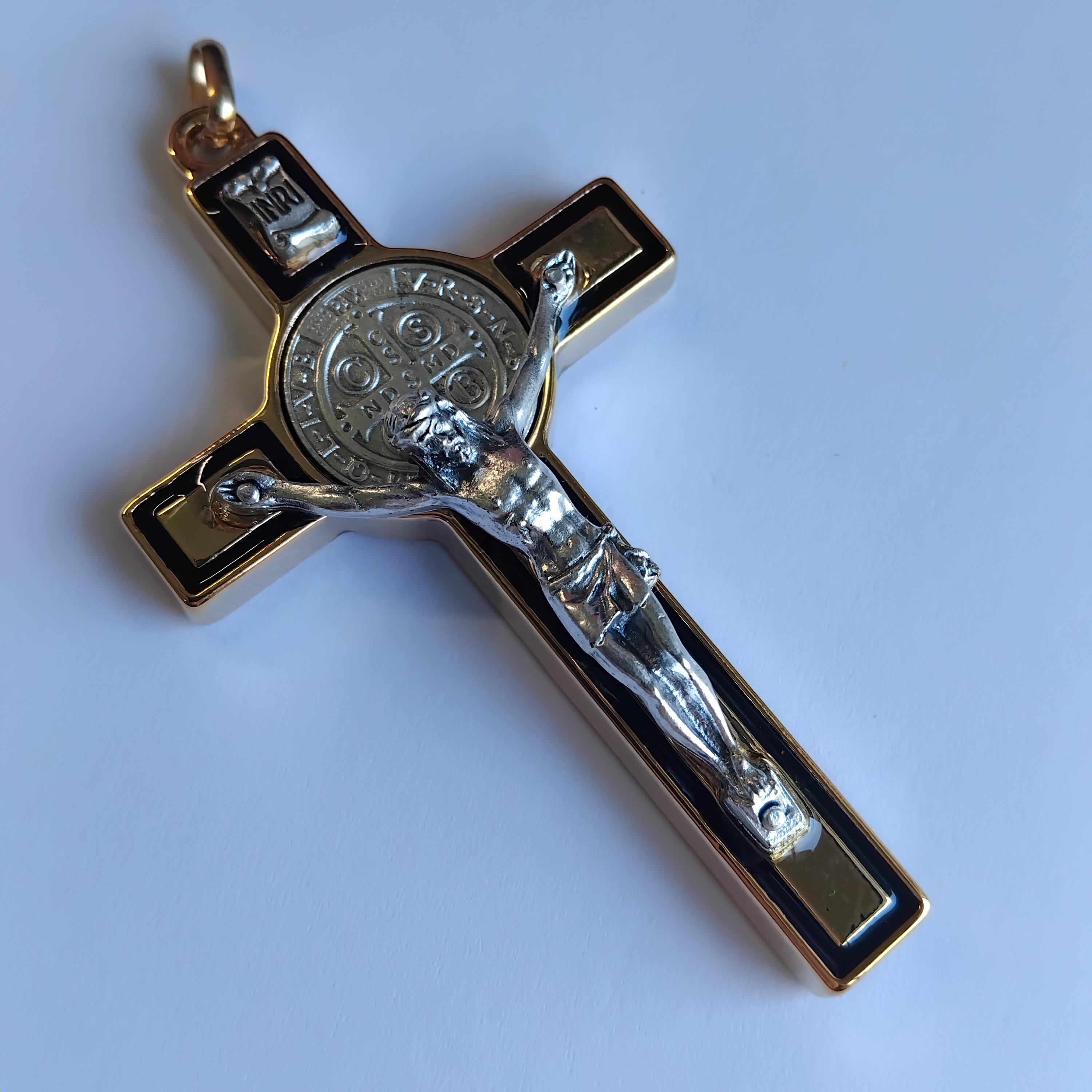 Large St Benedict Crucifix Cross. 3". Gold toned, black enamel, silver toned corpus. Made in Italy.  Corded and boxed.