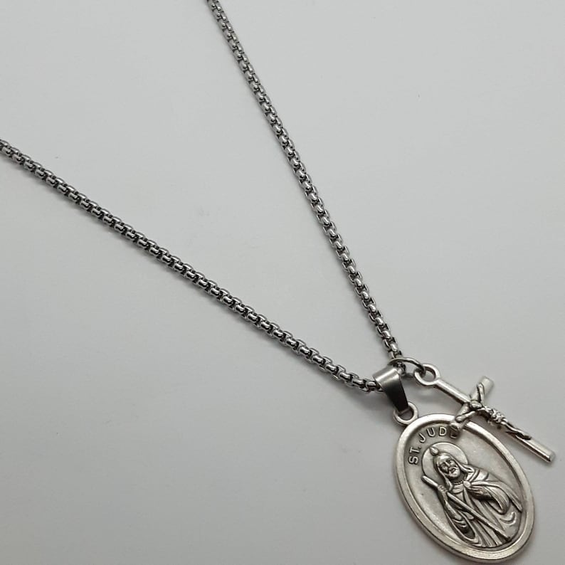 St Jude Necklace. Silver Oxide Saint Medal and Crucifix on Steel Chain ...