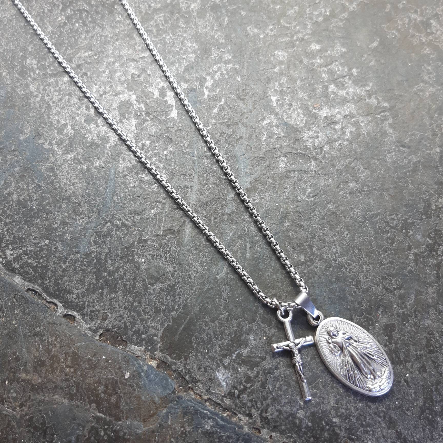 Divine Mercy Necklace. Stainless Steel Box Chain With Saint Medal and ...