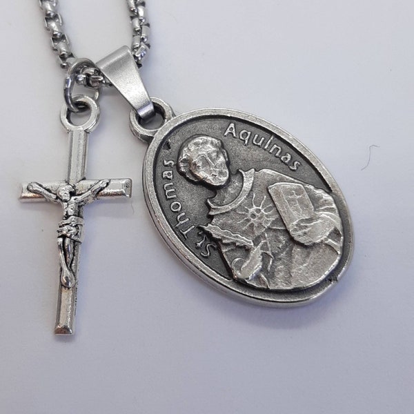 St Thomas Aquinas necklace. Stainless steel box chain with saint medal and crucifix.