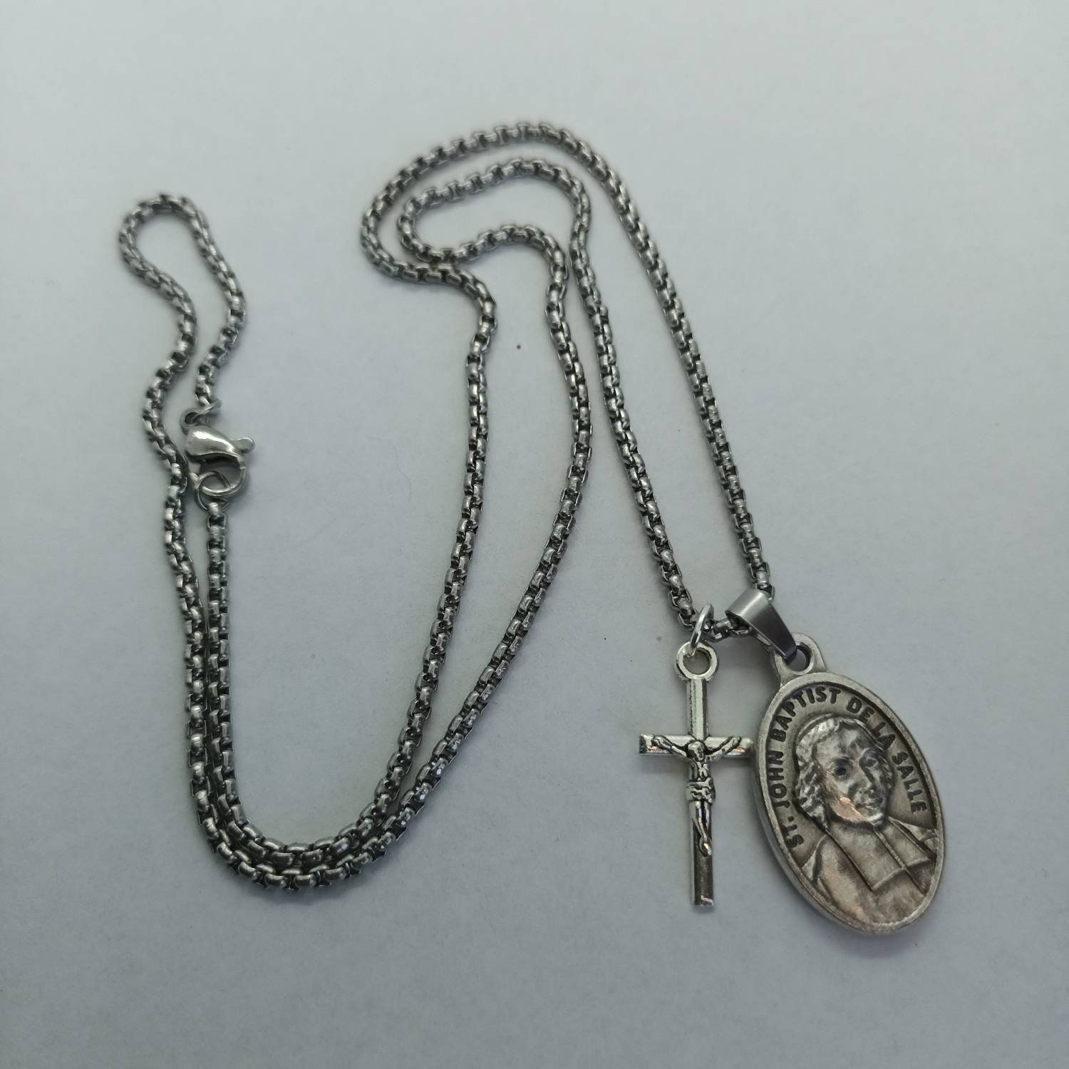 St John Baptist De La Salle Medal: Stainless Steel Box Chain, Silver ...
