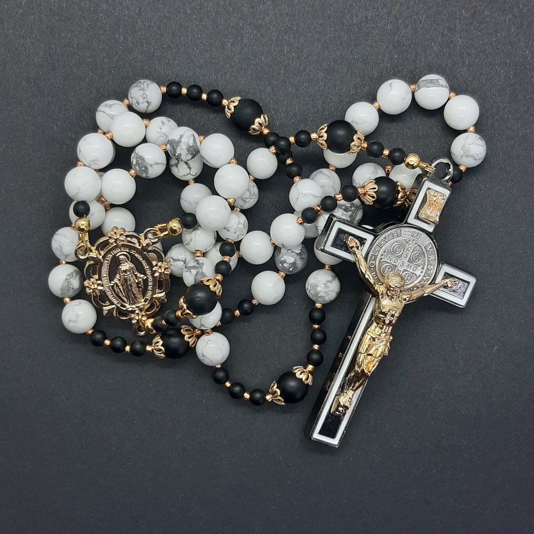 St Benedict Rosary Handmade Howlite and Onyx Extra Large Crucifix