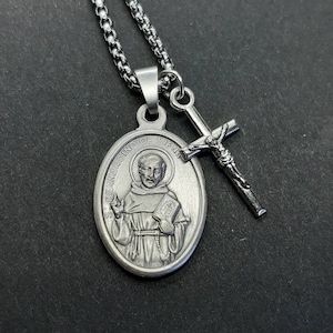 St Benardino of Siena | Stainless steel box chain with saint medal and crucifix.