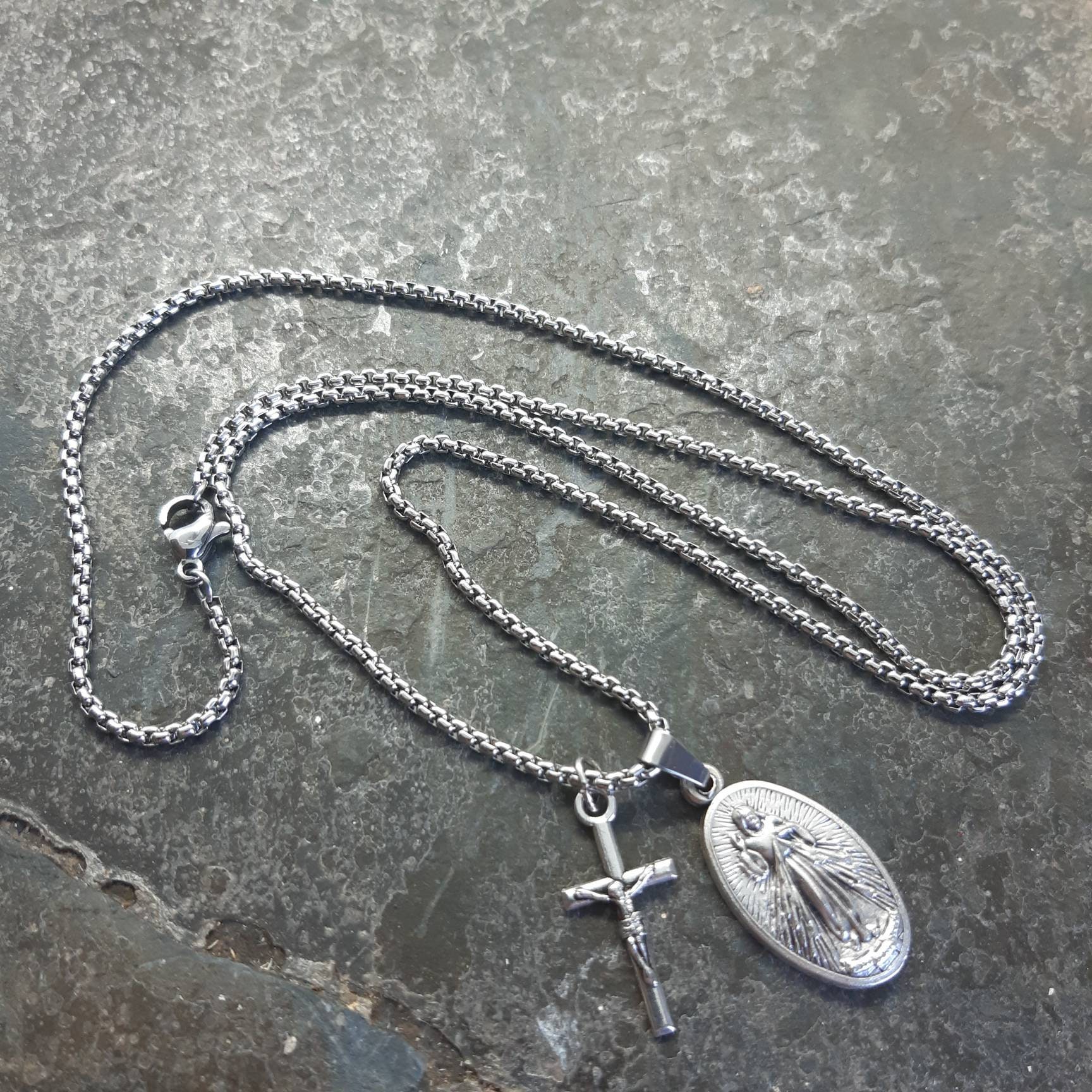 Divine Mercy Necklace. Stainless Steel Box Chain With Saint Medal and ...