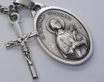 St Gemma Galgani necklace. Stainless steel box chain with saint medal and crucifix.