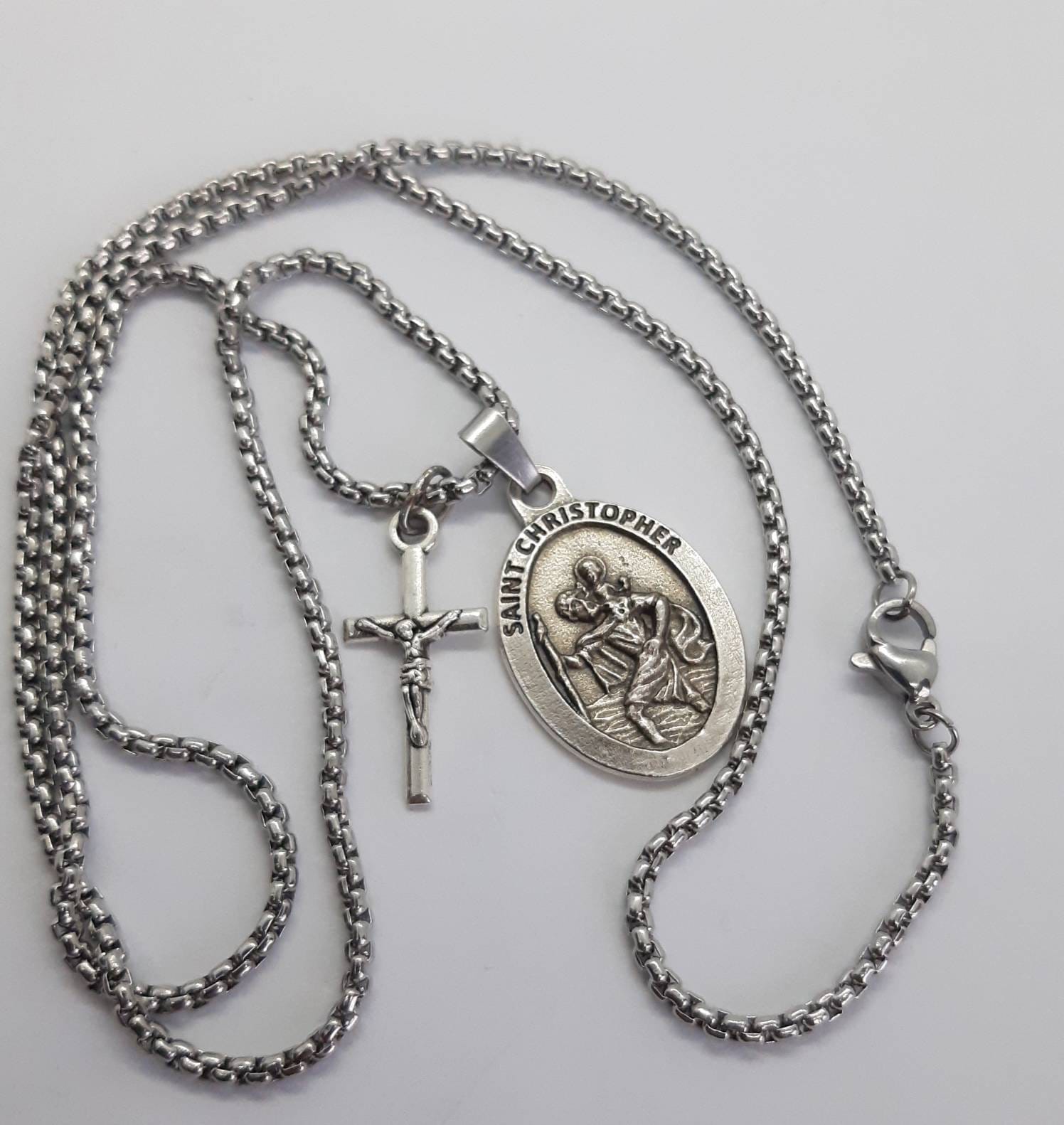 St Christopher Necklace. Stainless Steel Box Chain With Saint Medal and ...