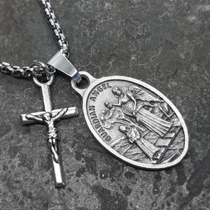 Guardian Angel necklace. Stainless steel box chain with saint medal and crucifix.