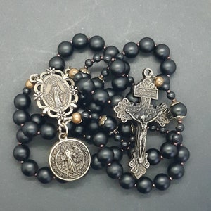 Triple Threat Rosary Onyx  with bronze Pardon Crucifix, St Benedict medal and Miraculous Medal