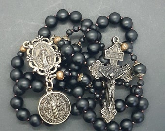 Triple Threat Rosary Onyx  with bronze Pardon Crucifix, St Benedict medal and Miraculous Medal