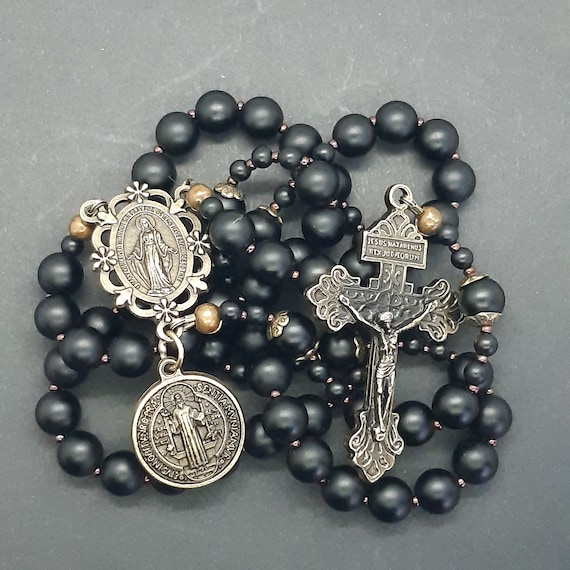 Triple Threat Rosary Onyx With Bronze Pardon Crucifix, St Benedict