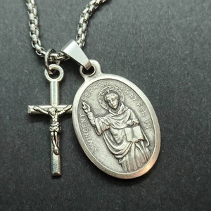 St Vincent Ferrer necklace. Saint medal and crucifix on stainless steel chain