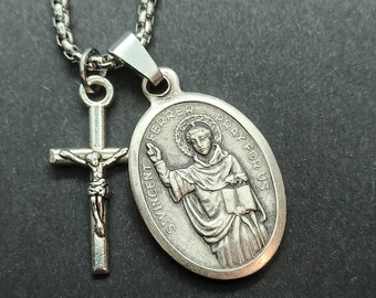 St Vincent Ferrer necklace. Saint medal and crucifix on stainless steel chain