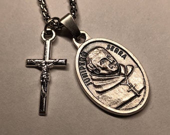 St Junipero Serra necklace. Stainless steel chain with crucifix and silver oxide medal.