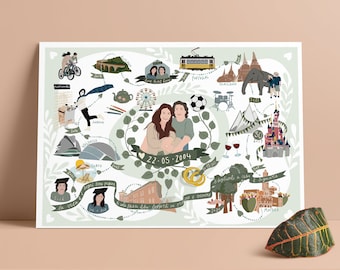 Story map d’amour, portrait de couple, portrait personnalisé, cadeau personnalisé, cadeau de famille, cadeau de mariage unique, mémoire de famille, story map de vie, couple