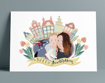 Greetinfgs d’Amsterdam - Portrait de famille personnalisé, 2 personen, cadeau d’Amsterdam, illustration de famille, impression d’art personnalisée, cadeau de famille
