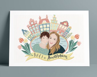 Greetinfgs d’Amsterdam - Portrait de famille personnalisé, 2 personnes, cadeau d’Amsterdam, illustration de famille, impression d’art personnalisée, cadeau de famille