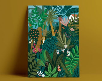 Impression d’art - jungle, tigre, folkart, A5, impression A4, impression florale botanique