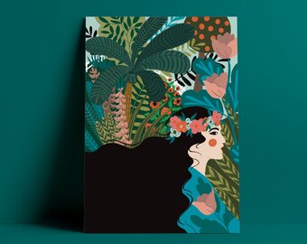 Impression d’art - jungle, portrait, folkart, A5, impression A4, impression florale botanique, imprimé d’art floral, portrait d’une dame de fleur
