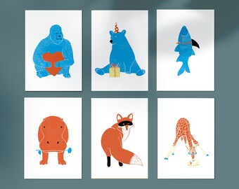 Cartes postales, ensemble de 6 + 1 carte surprise gratuite, illustration animale, cartes de vœux, Gratuit, anniversaire, tirages d’animaux, cartes-cadeaux