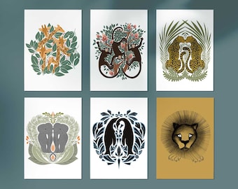 Cartes postales, ensemble de 6 ' 1 GRATUIT, cartes d’animaux, illustration d’animaux, cartes postales, cartes, gratuit, art nouveau, imprimés animaux, animaux de zoo, cartes-cadeaux