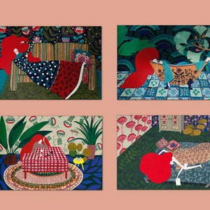 Gouache illustratie, set 4 kaarten, A6, prints, folklore, botanische tuin, kunst, gouache