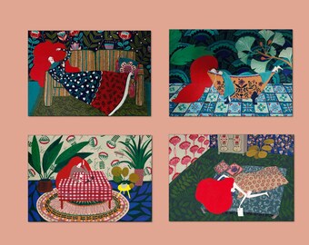 Ensemble de 4 cartes postales A6 - Peinture Gouache - impression d’art - Art botanique - aquarelle - art populaire