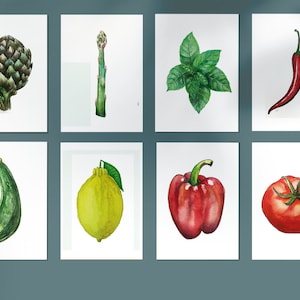 Cartoline di verdure, set di 8, cibo italiano, cartoline di auguri ad acquerello, carte regalo. stampe da cucina