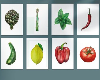 Cartes postales végétales, ensemble de 8, nourriture italienne, cartes de vœux à l’aquarelle, cartes-cadeaux. impressions de cuisine