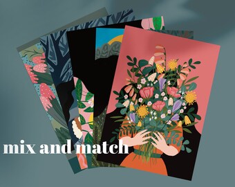 A6, 5 cartes, mélanger et assortir, choisir 5 cartes, amitié, femmes autonomes, cartes postales illustrées positives, mini-estampes colorées, carte postale